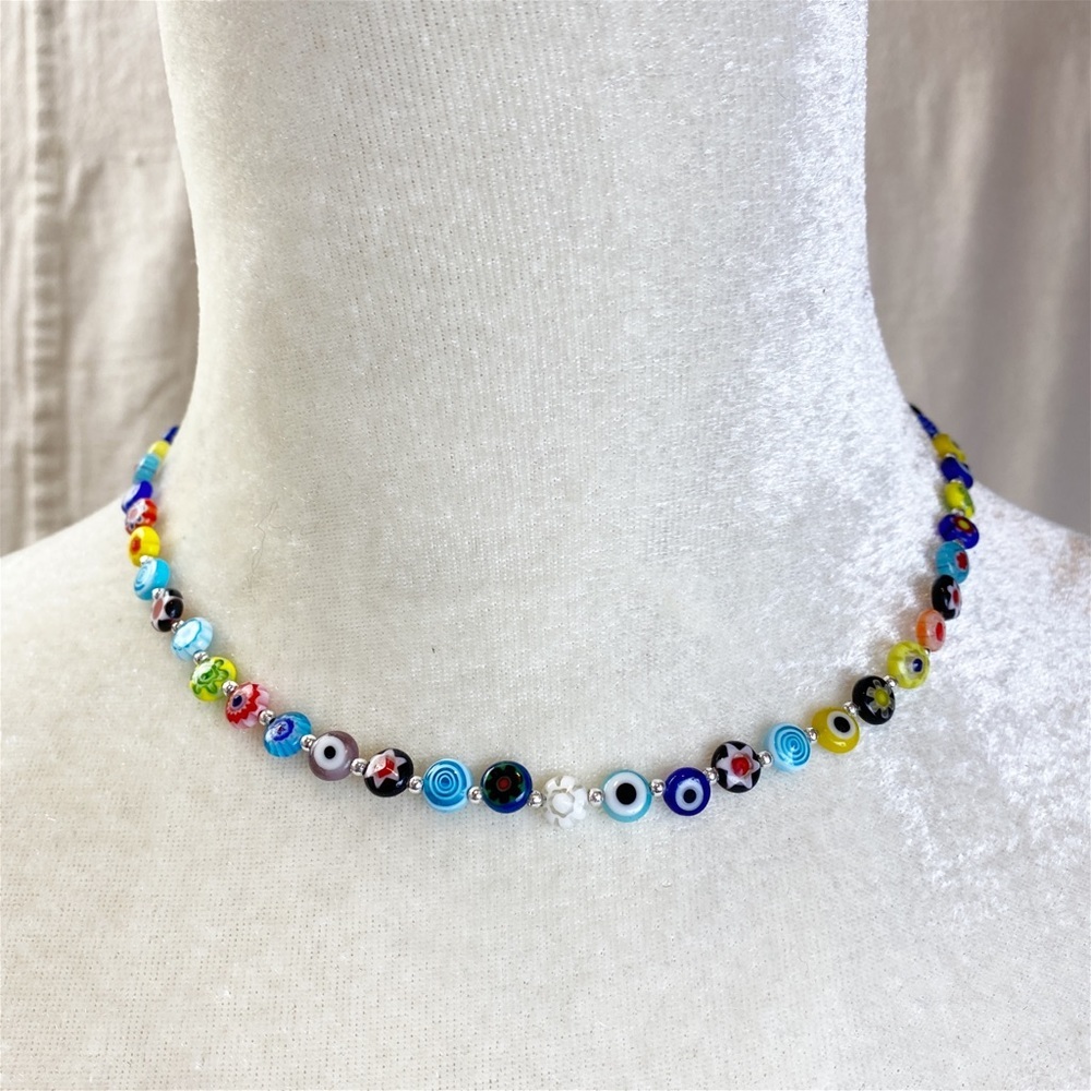 Colorful Millifiori glass, glass evil eye necklace with sterling components